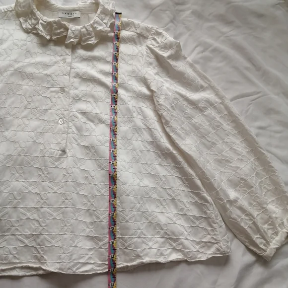 Sandro Jacquard Blouse Double S Logo Pleated Collar Puff Sleeves White 2 Medium - Picture 15 of 16